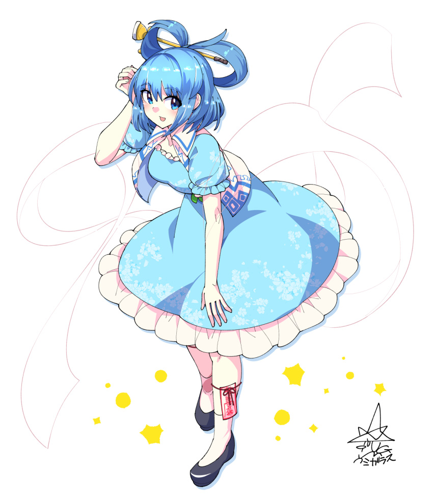 1girl :d bangs black_footwear blue_dress blue_eyes blue_hair blush breasts commentary_request dress eyebrows_visible_through_hair frills full_body hagoromo hair_between_eyes hair_ornament hair_rings hair_stick hand_up highres kaku_seiga leaning_forward leg_ribbon looking_at_viewer medium_breasts ofuda open_clothes open_mouth open_vest petticoat puffy_short_sleeves puffy_sleeves red_ribbon ribbon shawl short_hair short_sleeves signature simple_background smile solo standing touhou umigarasu_(kitsune1963) vest white_background white_vest