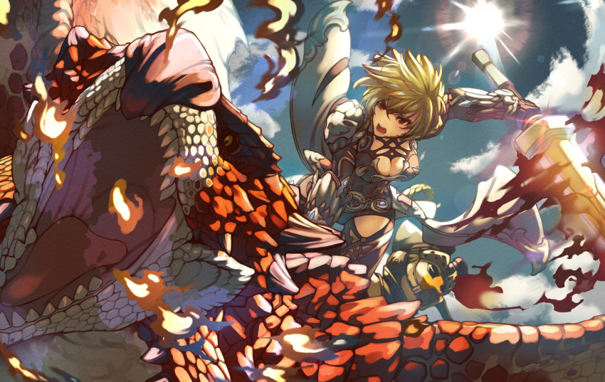 1girl armor blonde_hair breasts breathing_fire cleavage crossover dark_knight_(final_fantasy) day dragon dutch_angle felyne fictional_persona final_fantasy final_fantasy_xiv fire fisheye greatsword holding holding_sword holding_weapon kanrinin_(gyfp4747) leotard medium_hair monster_hunter_(series) open_mouth outdoors rathalos red_eyes sky sun sword thighhighs v-shaped_eyebrows weapon wyvern