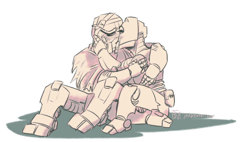 2021 alpha_channel armor bionicle blush digital_drawing_(artwork) digital_media_(artwork) duo eyes_closed female fingers hand_on_cheek hand_on_head hewkii holding_each_other hug humanoid jenareuter kissing lego machine male male/female mask matoran not_furry robot romantic_couple signature simple_background sitting text toa transparent_background