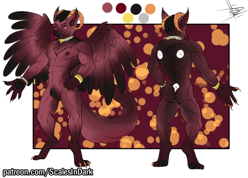2021 anthro butt demon digital_media_(artwork) feet fluffy fluffy_tail fur hair horn hyaenid invalid_tag long_fur male mammal model_sheet multicolored_body multicolored_fur pawpads red_body scalesindark shaded simple_background spotted_hyena standing two_tone_body two_tone_fur wingged yellow_eyes