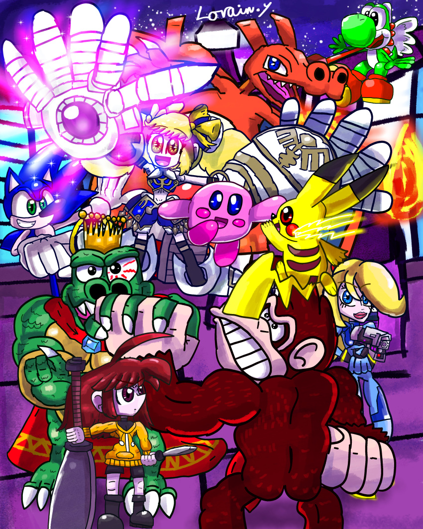 absurdres charizard crossover donkey_kong donkey_kong_(series) electricity gameartist1993 gen_1_pokemon highres holding huge_filesize king_k._rool kirby mario_(series) original pikachu pokemon samus_aran self_upload sonic_(series) sonic_the_hedgehog super_smash_bros. tagme yoshi zero_suit