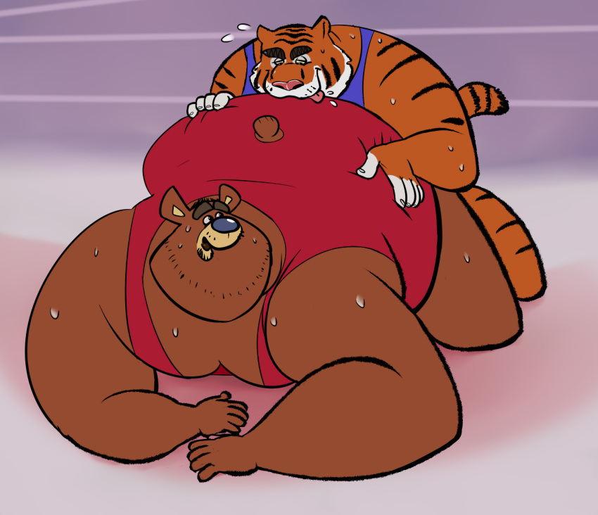 2020 anthro bodily_fluids brown_body brown_fur duo felid fur hi_res humanoid_hands licking male male/male mammal obese obese_male osos overweight overweight_male pantherine sweat tiger tongue tongue_out ursid wrestling wrestling_singlet