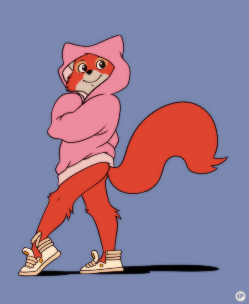 absurd_res anthro baggy_clothing bottomless canid canine cheek_tuft clothed clothing disney facial_tuft female fluffy fluffy_tail footwear fox fox-pop fur hi_res hood hoodie maid_marian mammal orange_body orange_fur pink_clothing pink_hoodie pink_topwear robin_hood_(disney) shadow shoes simple_background smile solo standing topwear tuft white_clothing white_footwear white_shoes