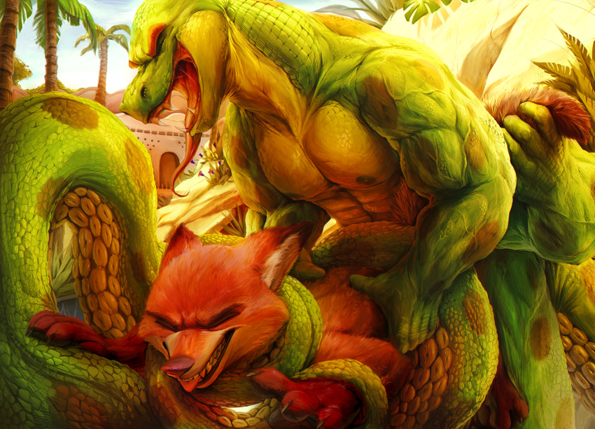 4_hands abs alexalaz anal anthro apode areola biped canid canine clenched_teeth disney dots draconcopode duo eyes_closed fan_character fox hi_res legless male male/male mammal multi_hand naga nick_wilde nipples open_mouth outside reptile scalie serpentine snake tail_grab teeth tongue tongue_out zootopia