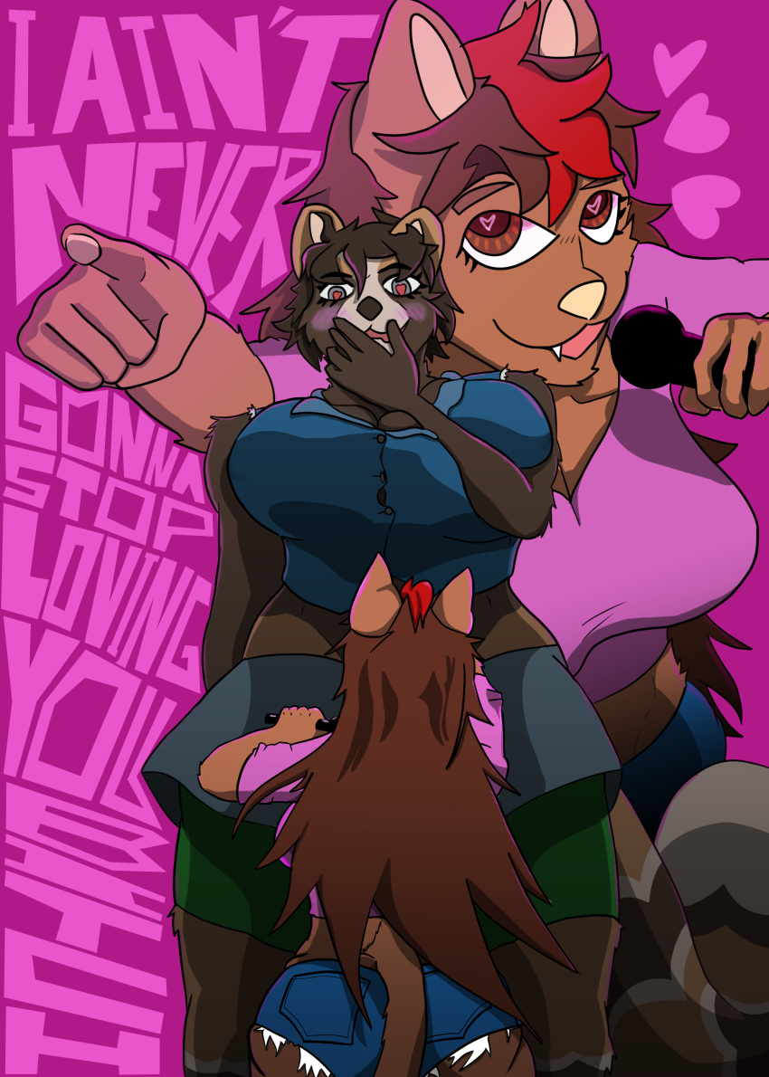 &lt;3 &lt;3_eyes absurd_res animal_humanoid anthro big_breasts big_butt biped blush bottomwear breasts brown_body brown_fur butt canid canid_humanoid canine canine_humanoid ceschi ceschi_(ceschi) clothed clothing crossgender denim denim_clothing digital_media_(artwork) domestic_ferret duo dyed-hair dyed_(dyed) female female/female fur hair hi_res horny_(disambiguation) huge_breasts huge_butt huge_thighs humanoid jeans larger_female long_hair long_tail mammal mammal_humanoid mtf_crossgender multicolored_body muscular muscular_anthro muscular_female mustela mustelid musteline open_mouth pants raccoon_dog shirt short_stack shorts simple_background size_difference smaller_female smile standing tanuki tanuki_humanoid text thick_thighs topwear true_musteline wide_hips