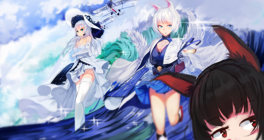 3girls aircraft airplane akagi_(azur_lane) animal_ears azur_lane biplane black_hair blue_skirt breasts cleavage cloud cloudy_sky dress elbow_gloves eyebrows_visible_through_hair fox_ears gloves hat highres illustrious_(azur_lane) japanese_clothes kaga_(azur_lane) kimono kitsune large_breasts long_dress long_hair metal_belt miniskirt multiple_girls multiple_tails pleated_skirt red_eyes sapphire_(gemstone) short_hair skirt skirt_under_kimono sky sleeveless sleeveless_dress strapless strapless_dress sun_hat tail thighhighs water white_dress white_hair white_kimono white_legwear white_tail wide_sleeves xiao_feng