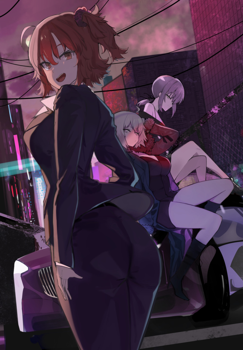 ahoge artoria_pendragon_(all) ass back bangs black_dress black_footwear boots breasts building car cityscape coat dress fate/grand_order fate_(series) fujimaru_ritsuka_(female) fur-trimmed_coat fur_trim ground_vehicle hair_ornament hair_scrunchie hareno_chiame high_heel_boots high_heels highres jeanne_d'arc_(alter)_(fate) jeanne_d'arc_(fate)_(all) jet_black_king_of_knights_ver._shinjuku_1999 knee_boots large_breasts looking_at_viewer looking_back low_ponytail medium_breasts motor_vehicle one_side_up open_clothes open_coat open_mouth orange_eyes orange_hair saber_alter scrunchie short_dress short_hair silver_hair skyscraper smile wicked_dragon_witch_ver._shinjuku_1999 yellow_eyes