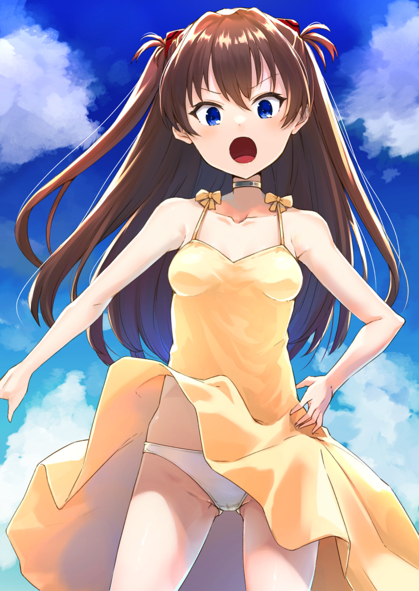 1girl :o ass_visible_through_thighs bangs bare_arms bare_shoulders blue_eyes blue_sky breasts brown_hair cardigan cloud collarbone commentary_request day dress dress_lift eyebrows_visible_through_hair grey_cardigan groin hair_between_eyes hand_on_hip highres long_hair looking_at_viewer medium_breasts neon_genesis_evangelion open_mouth outdoors panties sky sleeveless sleeveless_dress solo souryuu_asuka_langley tamaki_fuyu two_side_up underwear v-shaped_eyebrows very_long_hair white_panties wind wind_lift yellow_dress