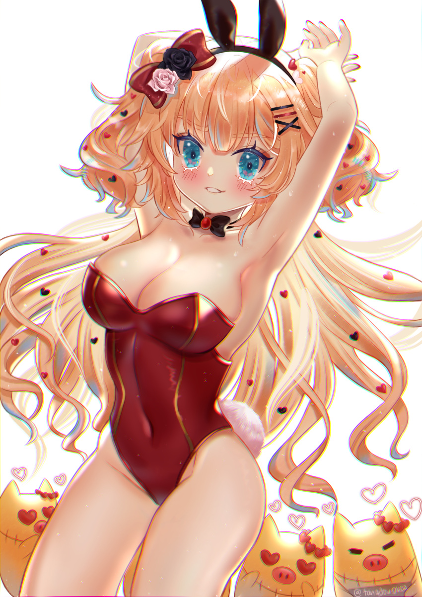 1girl absurdres akai_haato armpits arms_behind_head arms_up bangs bare_shoulders blue_eyes blush breasts cleavage collarbone covered_navel cowboy_shot eyebrows_visible_through_hair haaton_(akai_haato) hair_ribbon heart heart_in_eye highres hololive long_hair looking_at_viewer medium_breasts pig playboy_bunny ribbon smile solo stitched_neck symbol_in_eye tangdou0402 very_long_hair virtual_youtuber