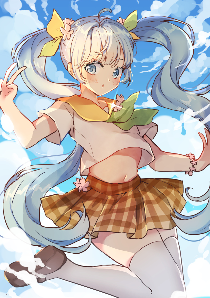 1girl ahoge bangs blue_eyes blue_hair blue_sky brown_skirt cloud crop_top day hand_up hatsune_miku highres hoshi_lingdang long_hair midriff navel plaid plaid_skirt sailor_collar school_uniform serafuku shoes short_sleeves skirt sky solo stomach thighhighs twintails v very_long_hair vocaloid white_legwear yellow_sailor_collar zettai_ryouiki