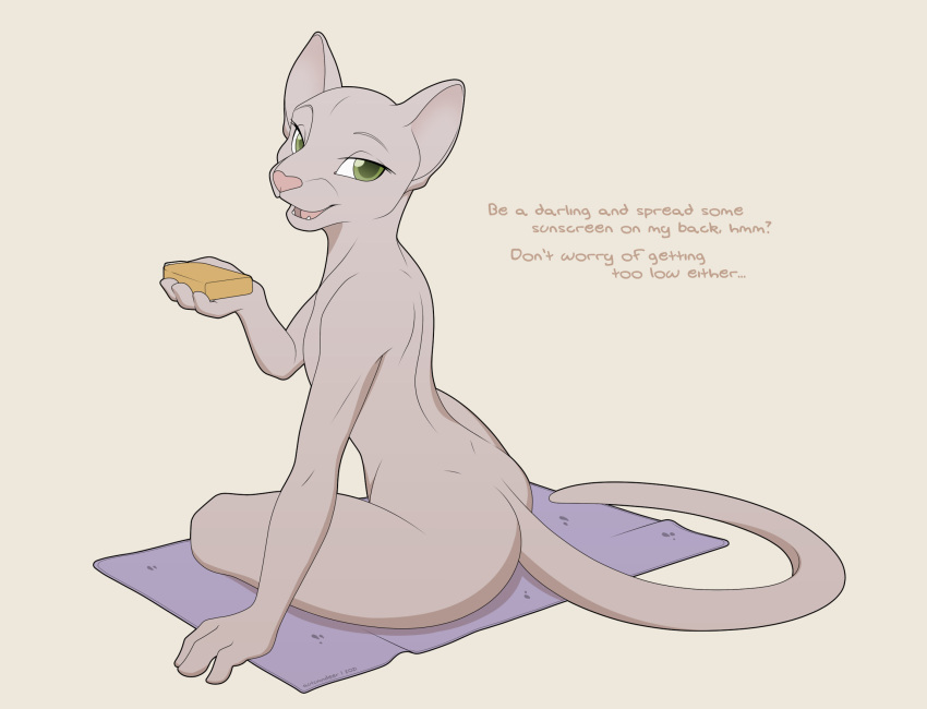 anthro autumndeer dialogue domestic_cat felid feline felis green_eyes grey_body hairless hairless_cat hi_res holding_object looking_at_viewer male mammal nude signature simple_background sitting solo sunscreen talking_to_viewer towel