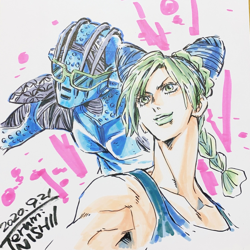 1girl 1other artist_name braid braided_ponytail celebration dated double_bun english_text highres jojo_no_kimyou_na_bouken kujo_jolyne long_neck nishii_terumi sketch stand_(jojo) stone_free stone_ocean