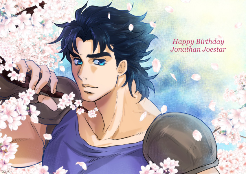 1boy armor birthday blue_eyes blue_hair blue_shirt branch brown_gloves character_name cherry_blossoms closed_mouth collarbone commentary_request english_text eyebrows fingerless_gloves fingernails flower gloves happy_birthday highres holding holding_branch jojo_no_kimyou_na_bouken jonathan_joestar male_focus petals phantom_blood pink_flower shimomura_shizu shirt short_hair shoulder_armor solo spaulders symbol_commentary thick_eyebrows tree_branch