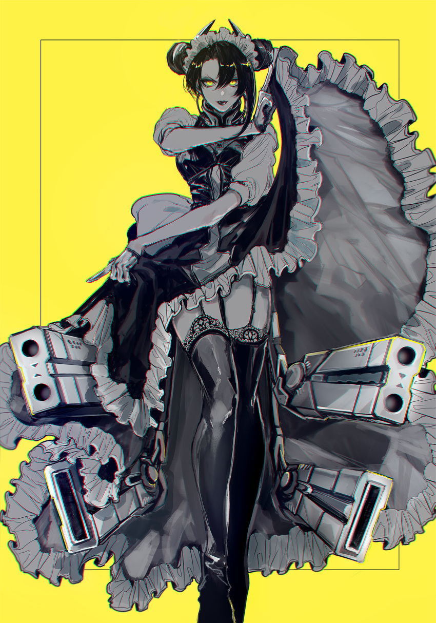 1girl agent_(girls_frontline) asymmetrical_hair black_dress black_gloves black_hair black_legwear boots breasts cable chromatic_aberration double_bun dress dress_lift frilled_dress frills garter_straps girls_frontline gloves gun hand_up highres lace-trimmed_legwear lace_trim legs lips lipstick looking_at_viewer maid maid_headdress makeup mechanical_arms medium_breasts monochrome sangvis_ferri short_hair_with_long_locks simple_background solo spot_color thigh_boots thighhighs thighs tomita weapon yellow_background yellow_eyes