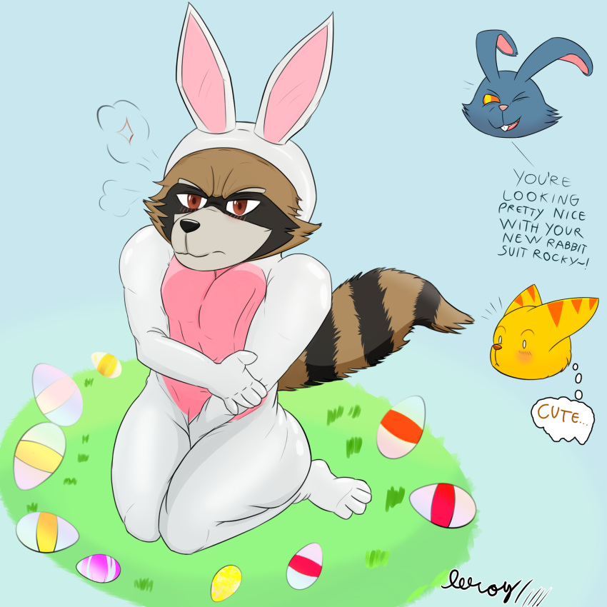 anthro blackjack_o'hare blush clothed clothing dialogue easter easter_bunny easter_egg fur glistening glistening_clothing guardians_of_the_galaxy hi_res holidays kneeling lagomorph leporid leroy45678 lombax male male_(lore) mammal marvel procyonid rabbit raccoon ratchet ratchet_and_clank rocket_raccoon simple_background sony_corporation sony_interactive_entertainment tail_tuft thick_thighs tuft video_games