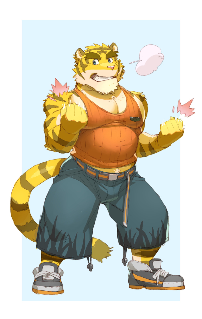 absurd_res anthro biceps clothing eyebrows felid fur gamma-g hi_res male mammal morenatsu muscular muscular_male pantherine thick_eyebrows tiger topwear torahiko_(morenatsu) video_games visual_novel