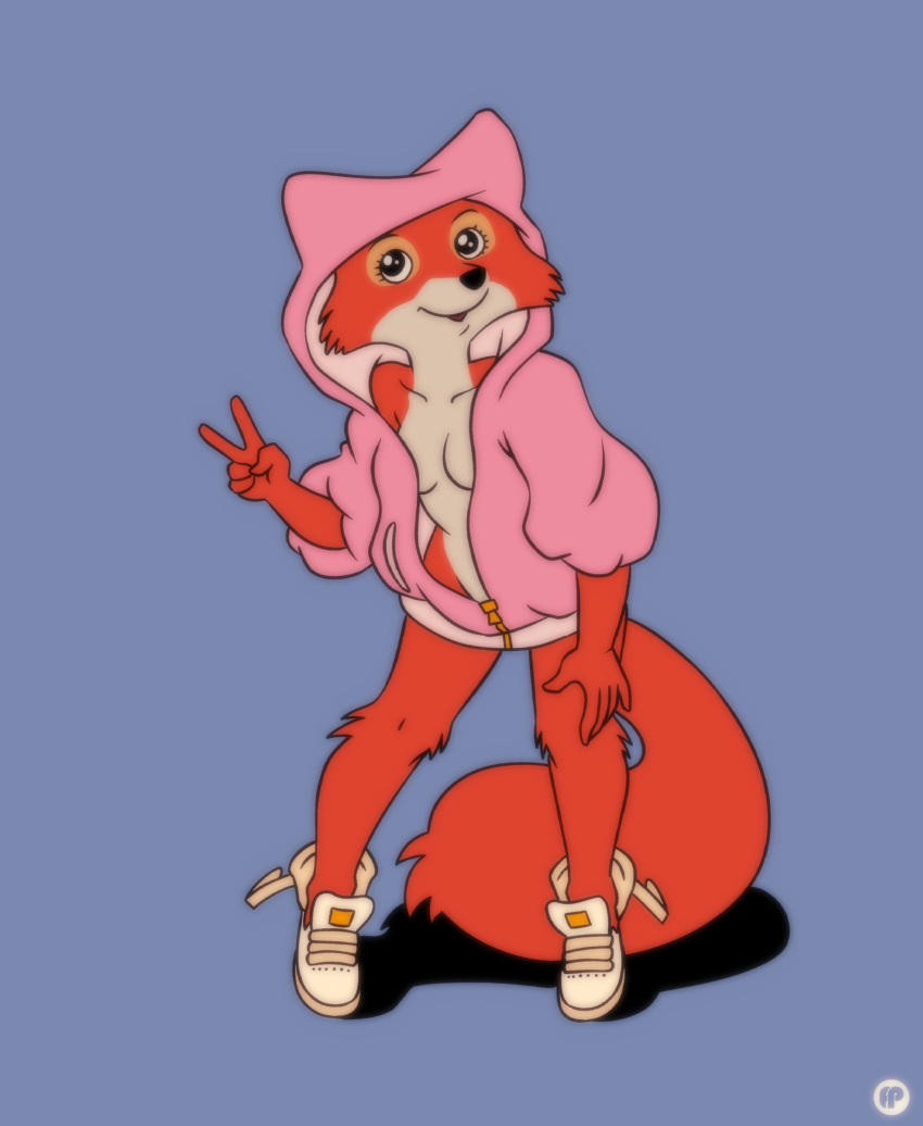 absurd_res anthro baggy_clothing bottomless canid canine cheek_tuft clothed clothing collarbone disney facial_tuft female fluffy fluffy_tail footwear fox fox-pop fur hi_res hood hoodie maid_marian mammal orange_body orange_fur pink_clothing pink_hoodie pink_topwear robin_hood_(disney) shadow shoes simple_background smile solo standing topwear tuft unzipped white_clothing white_footwear white_shoes