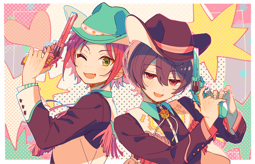 2boys 4_(nakajima4423) ;d back-to-back black_hair black_headwear black_shirt border boutonniere commentary_request cowboy cowboy_hat ensemble_stars! eyebrows_visible_through_hair fangs fringe_trim green_eyes green_headwear gun hand_up handgun hat hat_ribbon heart highres isara_mao long_sleeves looking_at_viewer multiple_boys one_eye_closed open_mouth pink_ribbon polka_dot polka_dot_background red_eyes red_hair revolver ribbon sakuma_ritsu shirt short_hair smile upper_body vest weapon western white_ribbon white_vest