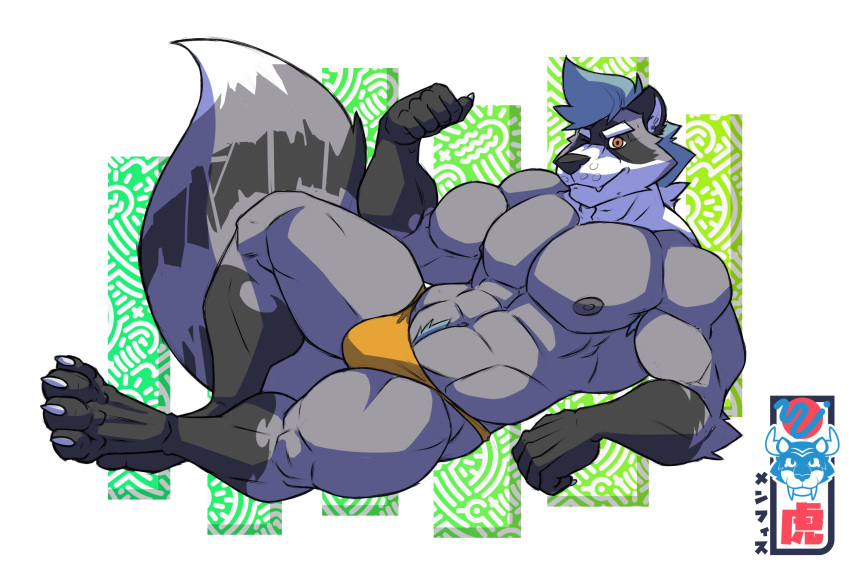2020 abs abstract_background anthro brandon_(rxccoon) bulge clothing hair hi_res looking_at_viewer lying male mammal memphis_tigre muscular muscular_anthro muscular_male navel nipples on_side one_eye_closed pecs procyonid raccoon simple_background solo thong underwear wink