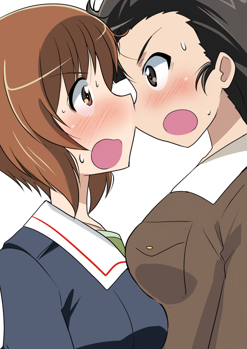 2girls absurdres bangs black_eyes black_hair blue_jacket blush breast_rest breasts brown_eyes brown_hair chi-hatan_military_uniform commentary embarrassed faceoff from_side frown girls_und_panzer girls_und_panzer_saishuushou green_shirt height_difference highres jacket long_hair looking_at_another military military_uniform multiple_girls nishi_kinuyo nishizumi_miho ooarai_military_uniform open_mouth shirt short_hair simple_background straight_hair sweatdrop uniform wakku_kan white_background