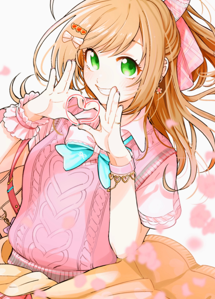 1girl ahoge arms_up ayum_k bag bangs blonde_hair blurry blurry_foreground blush bow bowtie bracelet cherry_blossoms clothes_around_waist depth_of_field earrings green_eyes grin hair_bow hair_ornament heart heart_hands heart_print highres idolmaster idolmaster_cinderella_girls jewelry looking_at_viewer petals pink_shirt pink_vest ponytail ring satou_shin school_bag school_uniform shirt short_sleeves sidelocks simple_background smile solo upper_body vest watch white_background wrist_cuffs wristwatch