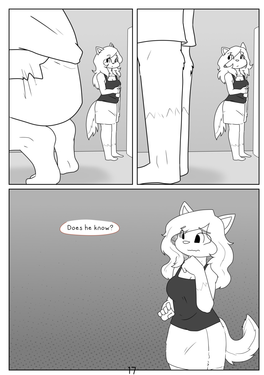 absurd_res anthro canid canine canisfidelis clothed clothing comic duo female hi_res humphrey_(canisfidelis) kneeling male mammal monochrome seashell_(canisfidelis) simple_background standing worried worried_expression
