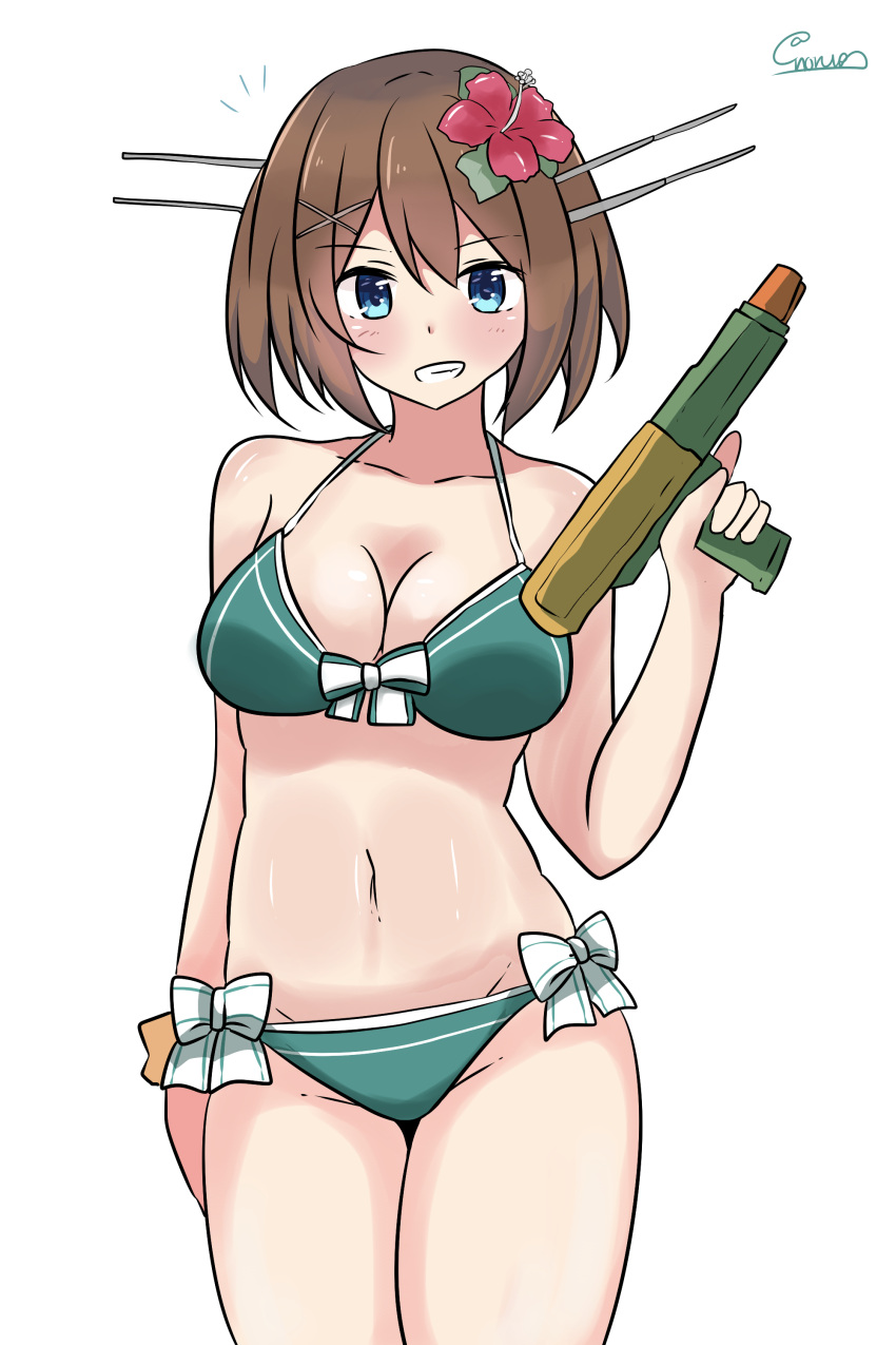 1girl absurdres bare_shoulders bikini blue_bikini blue_eyes blue_swimsuit blush breasts brown_hair cleavage cowboy_shot eyebrows_visible_through_hair flower hair_flower hair_ornament highres kantai_collection looking_at_viewer maya_(kancolle) midriff navel noruren short_hair simple_background smile solo standing swimsuit thighs water_gun white_background x_hair_ornament