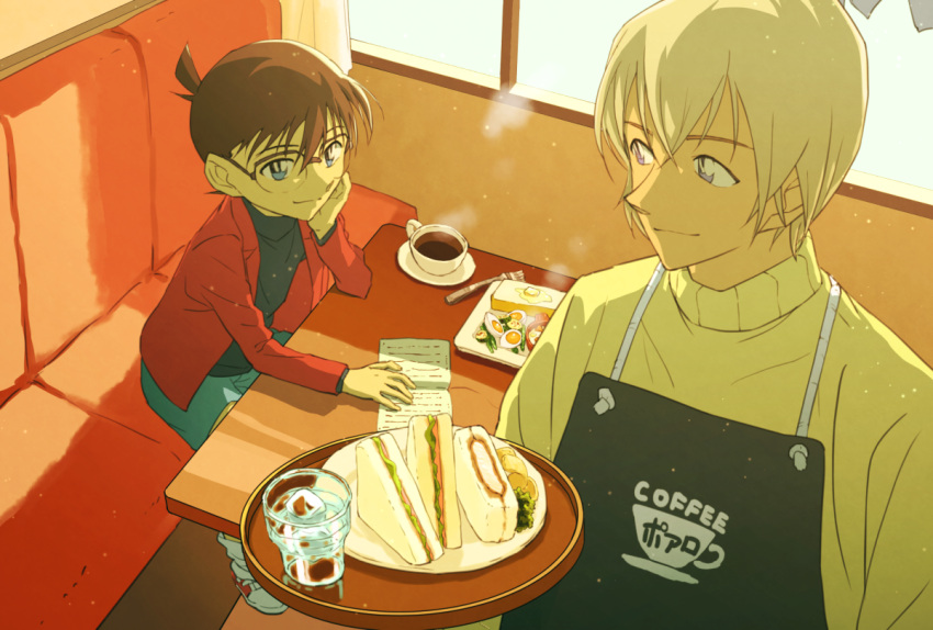 2boys amuro_tooru apron bangs black-framed_eyewear black_apron black_shirt blue_eyes blue_shorts brown_hair butter cafe cardigan child closed_mouth clothes_writing commentary_request couch cup edogawa_conan egg english_text eye_contact food fork glass glasses hair_between_eyes hand_on_own_cheek hand_on_own_face head_rest holding holding_tray indoors jacket long_sleeves looking_at_another male_focus meitantei_conan menu multiple_boys open_clothes open_jacket plate print_apron red_jacket sandwich saucer shirt shoes short_hair shorts sitting smile sneakers socks standing steam table tea teacup tray twin-mix water white_legwear window yellow_cardigan