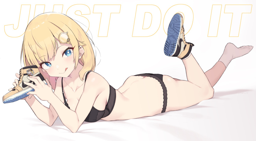 1girl :q absurdres black_bra black_panties blonde_hair bra breasts cleavage cloba hair_ornament highres holding holding_shoes hololive hololive_english just_do_it_(meme) looking_at_viewer lying medium_breasts monocle_hair_ornament on_stomach panties shoes short_hair socks solo tongue tongue_out underwear underwear_only virtual_youtuber watson_amelia
