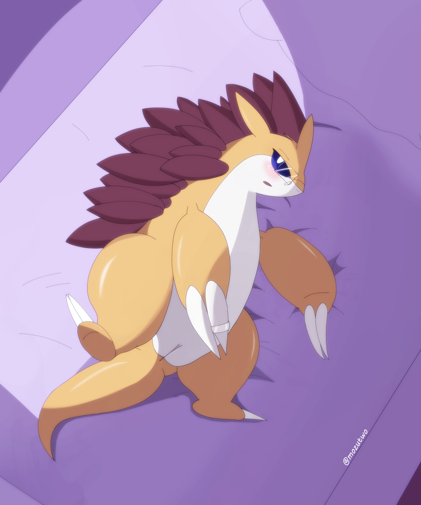 absurd_res bed blue_eyes blush claws eyewear female feral furniture genitals glasses hi_res lying mammal nintendo on_bed pok&eacute;mon pok&eacute;mon_(species) pussy raised_leg sabari sandslash sindor solo video_games