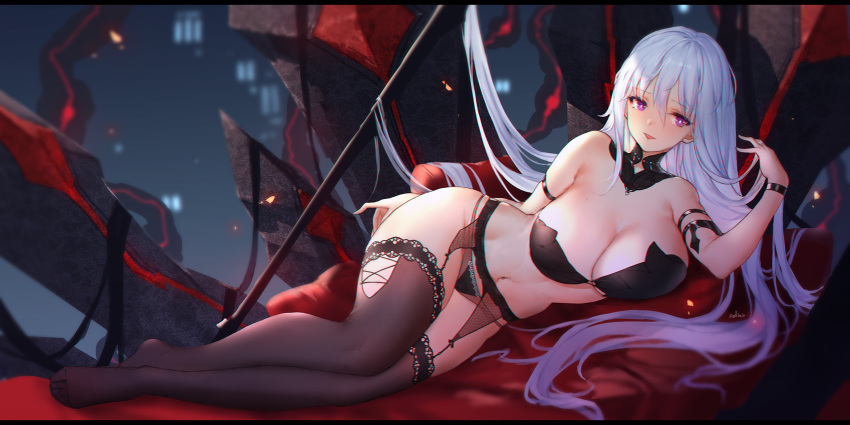 blush closers garter_belt long_hair mirae_(closers) navel purple_eyes stockings swd3e2 white_hair