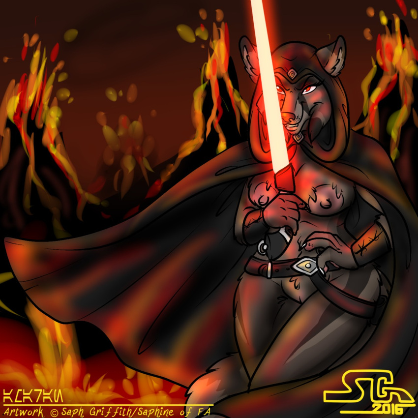 2016 amaran anthro breasts canid cape clothing female fur genitals grey_body grey_fur grin hi_res holding_object holding_weapon hood lava lightsaber mammal melee_weapon mostly_nude nipples portrait pussy saphine sith smile solo star_wars three-quarter_portrait volcano weapon