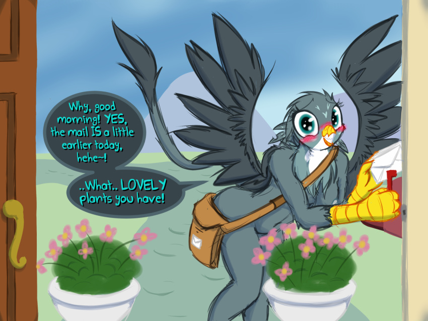 avian blue_eyes blush blush_lines delivery_(commerce) delivery_employee door embarrassed flower friendship_is_magic frist44 front_door gabby_(mlp) gryphon hasbro mail mail_bag mailbox my_little_pony mythological_avian mythology nipples nude plant postal_carrier postal_delivery potted_plant public_nudity