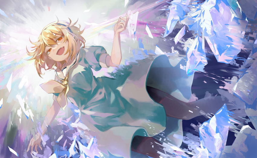 1girl abstract_background arm_up black_hairband black_legwear blonde_hair commentary dress fang feet_out_of_frame green_dress hairband highres higurashi_no_naku_koro_ni houjou_satoko kakera kyusoukyu looking_at_viewer looking_down necktie open_mouth pantyhose red_eyes sailor_collar short_hair short_sleeves skin_fang smile solo symbol_commentary white_sailor_collar yellow_neckwear