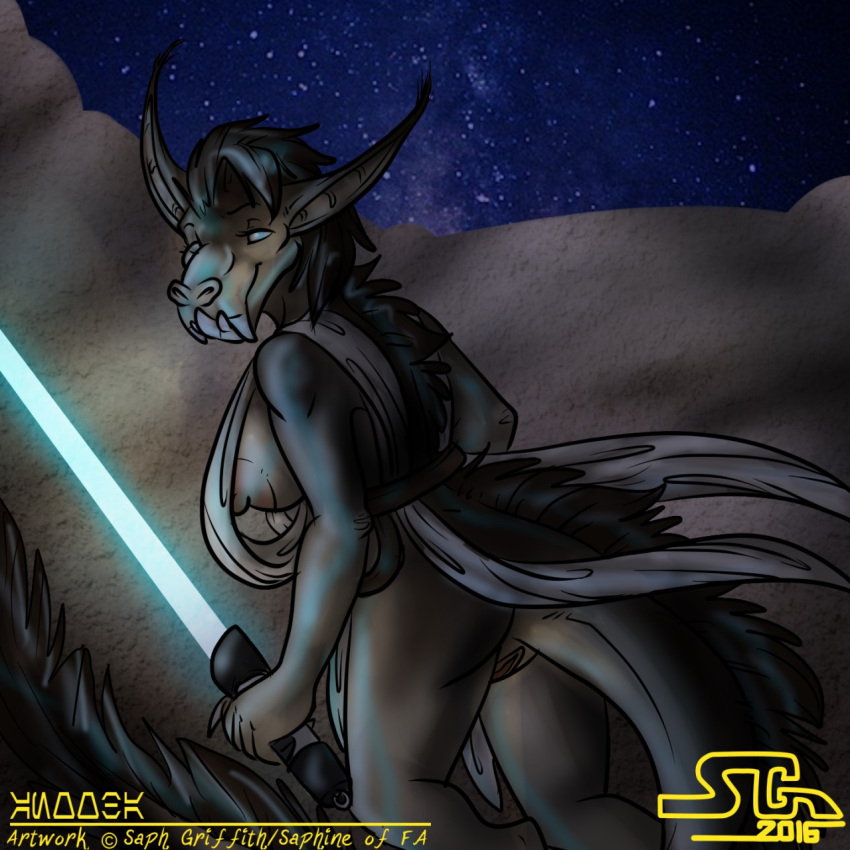 2016 anooba anthro anthrofied breasts clothed clothing female genitals hi_res holding_object holding_weapon jedi lightsaber long_ears looking_at_viewer looking_back looking_back_at_viewer mammal melee_weapon night partially_clothed portrait pussy saphine side_view solo star_wars three-quarter_portrait weapon