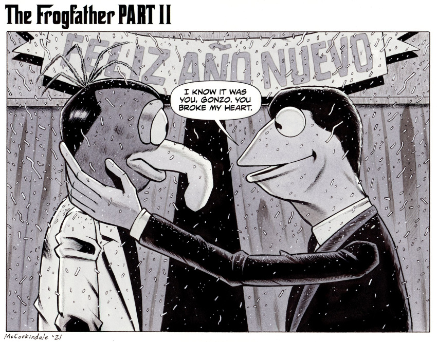 2021 5_fingers amphibian anthro big_nose black_and_white black_hair border bruce_mccorkindale business_suit clothing comic confetti crossover dialogue duo english_text fingers fredo_corleone frog gonzo_(muppets) greyscale hair hi_res jacket kermit_the_frog male michael_corleone monochrome muppet muppets necktie new_years_eve parody shirt signature speech_bubble suit text the_godfather the_godfather_part_ii the_muppet_show topwear white_border