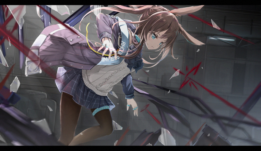 1girl amiya_(arknights) animal_ears arknights bangs black_jacket blue_choker blue_eyes blue_neckwear blue_skirt broken_glass brown_hair brown_legwear bunny_ears choker clothes_writing cowboy_shot eatos english_commentary frown glass highres jacket jewelry long_hair long_sleeves miniskirt open_clothes originium_arts_(arknights) pantyhose ribbed_sweater ring skirt solo sweater thighlet white_sweater