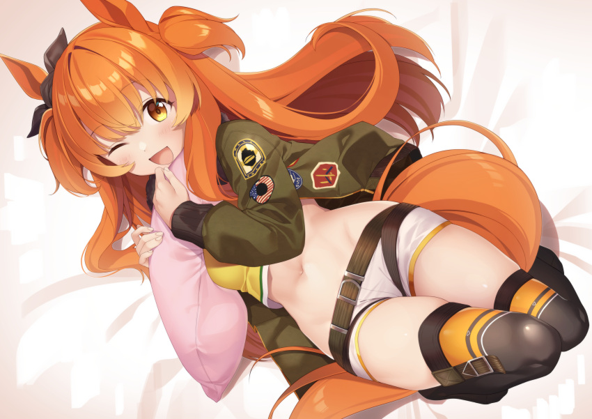 1girl ;d absurdres animal_ears bangs bed_sheet black_legwear blush breasts brown_eyes commentary_request crop_top eyebrows_visible_through_hair green_jacket hair_between_eyes highres horse_ears horse_girl horse_tail jacket knees_up long_hair long_sleeves looking_at_viewer lying mayano_top_gun_(umamusume) midriff navel no_shoes on_back one_eye_closed open_clothes open_jacket open_mouth orange_hair parutoneru pillow pillow_hug shirt short_shorts shorts sleeves_past_wrists small_breasts smile solo tail thighhighs two_side_up umamusume very_long_hair white_shorts yellow_shirt