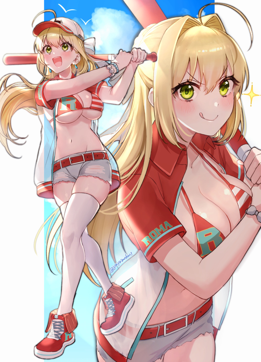 1girl :q ahoge bangs baseball_bat baseball_cap belt blonde_hair blush bracelet breasts cleavage closed_mouth collarbone cropped_background cutoffs eyebrows_visible_through_hair fate/grand_order fate_(series) full_body green_eyes hair_intakes hat highres holding holding_baseball_bat jewelry large_breasts licking_lips long_hair looking_afar looking_at_viewer lowleg lowleg_shorts multiple_views navel nero_claudius_(fate) nero_claudius_(fate)_(all) open_mouth outdoors red_belt red_footwear shoes short_shorts short_sleeves shorts sideboob sidelocks skindentation sky smile sparkle strap_gap thighhighs tongue tongue_out twitter_username underboob white_legwear yayoi_maka