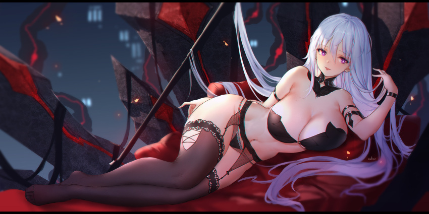 1girl arm_strap bare_shoulders black_bra black_legwear black_panties bra breasts bright_pupils cleavage closers detached_collar garter_belt groin hand_up highres large_breasts letterboxed lingerie long_hair looking_at_viewer lying mirae_(closers) navel no_shoes on_side open_mouth panties purple_eyes smile solo stomach swd3e2 thighhighs thighs underwear underwear_only very_long_hair white_hair