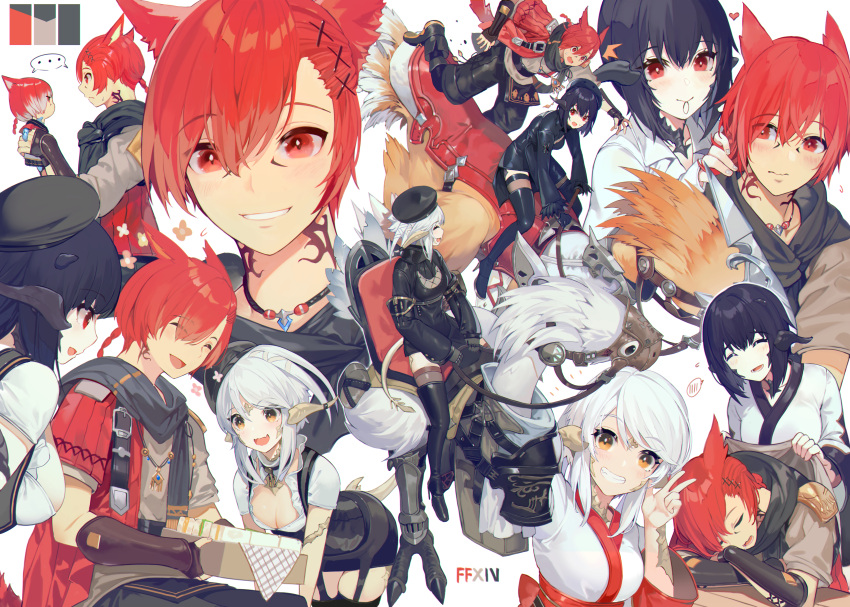 akizone animal animal_ears black_hair braids chocobo final_fantasy final_fantasy_xiv gray_hair male ponytail red_eyes red_hair tagme_(character) tail