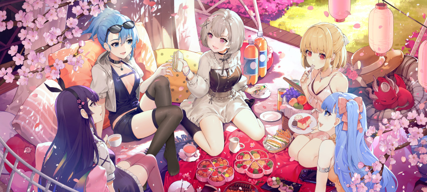 akizone cake cherry_blossoms dress drink flowers food gray_hair group long_hair necklace purple_eyes purple_hair red_eyes short_hair sunglasses thighhighs
