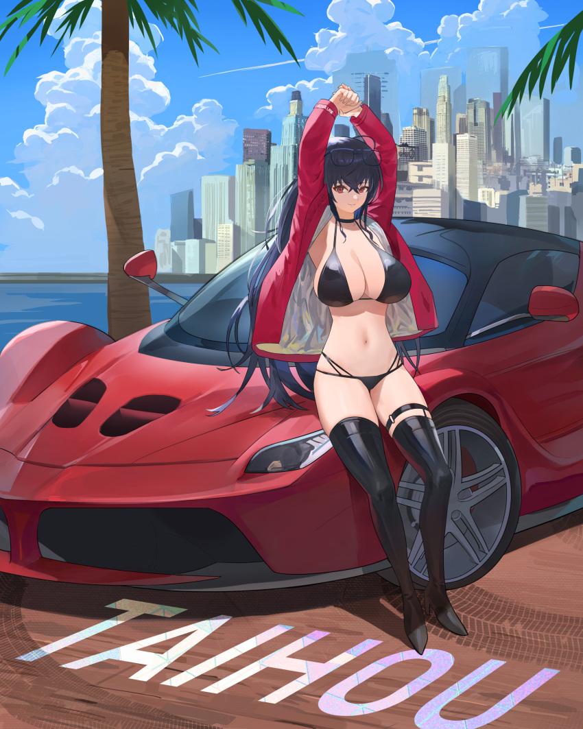 absurdres azur_lane bangs bikini black_bikini black_choker choker crossed_bangs eyewear_on_head ferrari ferrari_f8_tributo highleg highleg_bikini highres hood_(james_x) jacket multi-strapped_bikini multiple_straps off_shoulder one_side_up race_queen red_jacket sunglasses swimsuit taihou_(azur_lane) taihou_(enraptured_companion)_(azur_lane) thigh_strap