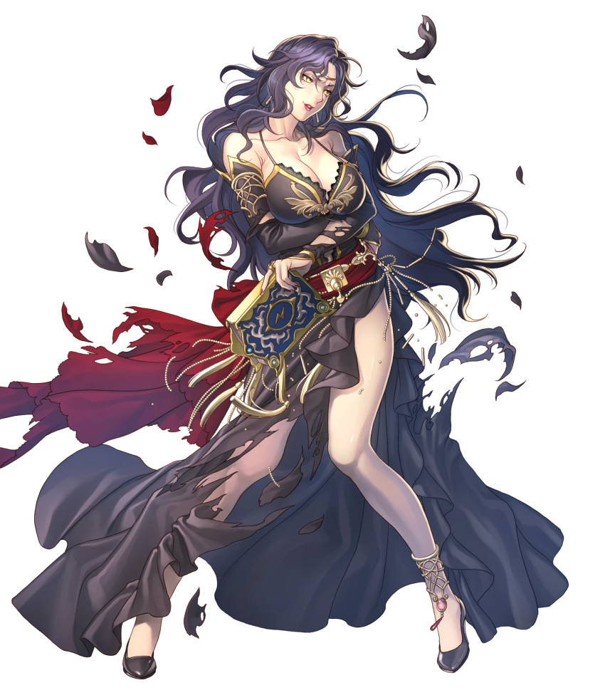 1girl bangs bare_shoulders black_dress black_footwear black_hair book breasts bridal_gauntlets circlet cleavage collarbone dress earrings fingernails fire_emblem fire_emblem:_the_blazing_blade fire_emblem_heroes full_body high_heels highres holding holding_book jewelry large_breasts lipstick looking_away makeup nail_polish official_art pale_skin parted_lips shiny shiny_hair side_slit smile solo sonia_(fire_emblem) thighs torn_clothes torn_dress transparent_background yellow_eyes yoneko_okome