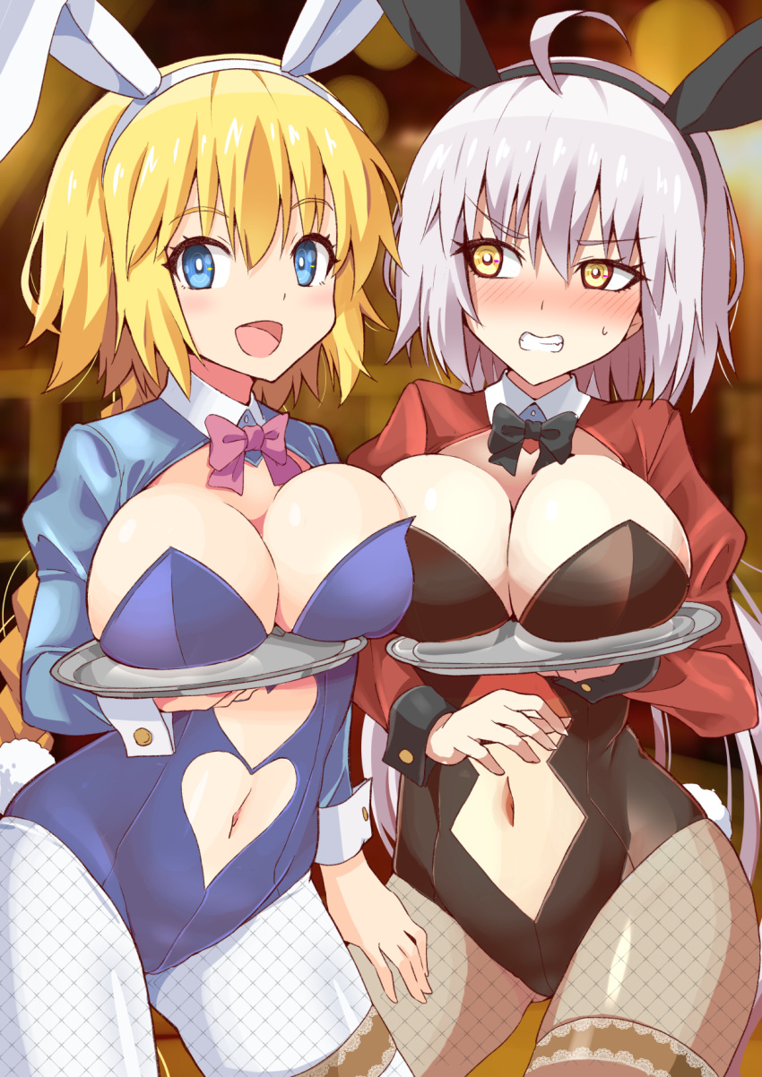 2girls animal_ears ass_visible_through_thighs bangs blonde_hair blue_eyes blush bow bowtie braid breast_rest breasts breasts_on_tray bunny_ears bunny_girl bunny_tail carried_breast_rest center_opening cleavage cropped_jacket detached_collar fake_animal_ears fate/apocrypha fate/grand_order fate_(series) fishnet_legwear fishnets highres holding holding_tray jeanne_d'arc_(alter)_(fate) jeanne_d'arc_(fate) jeanne_d'arc_(fate)_(all) large_breasts leotard long_braid multiple_girls navel revealing_clothes shrug_(clothing) silver_hair single_braid strapless strapless_leotard tail tray tsurime xiafuizui yellow_eyes