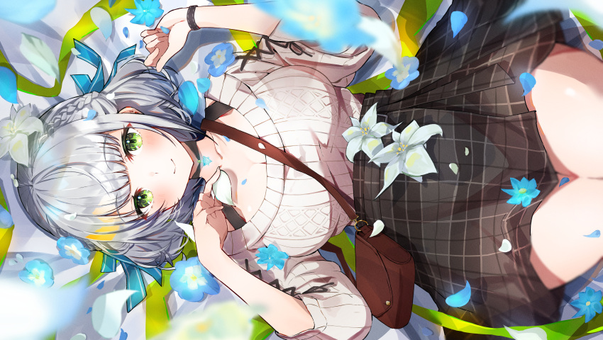 braids flowers furuki_ayaginutaira gray_hair hololive shirogane_noel skirt