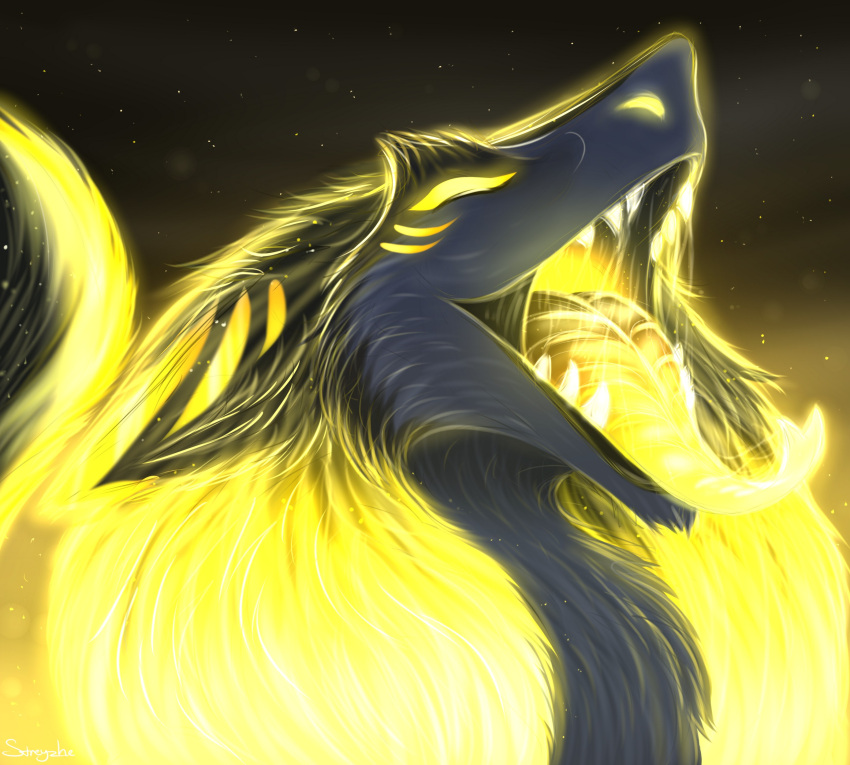 2021 absurd_res ambiguous_gender anthro black_body black_fur digital_media_(artwork) etis eyes_closed forked_tongue fur glowing glowing_hair glowing_mouth glowing_tongue hair headshot_portrait hi_res markings mouth_shot open_maw open_mouth open_smile portrait sergal simple_background smile solo star streyzhe teeth tongue tongue_out yellow_markings