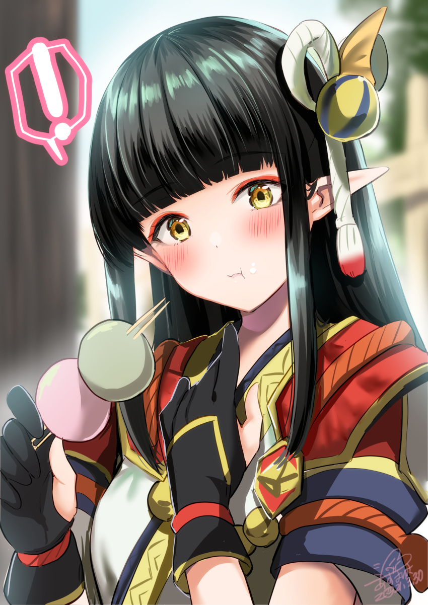 ! :t azuma_yuki bangs black_gloves blunt_bangs blurry blurry_background blush closed_mouth dango depth_of_field eating eyebrows_visible_through_hair food food_on_face gloves hands_up head_tilt highres hinoa holding holding_food looking_at_viewer monster_hunter_(series) monster_hunter_rise partially_fingerless_gloves pointy_ears sanshoku_dango signature spoken_exclamation_mark upper_body wagashi wavy_mouth yellow_eyes