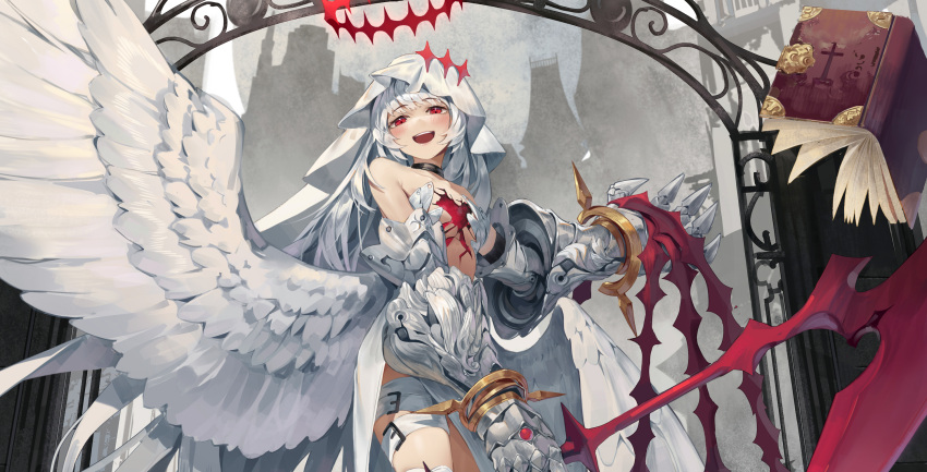 armor blush dress garter gray_hair ji_dao_ji long_hair original red_eyes weapon wings