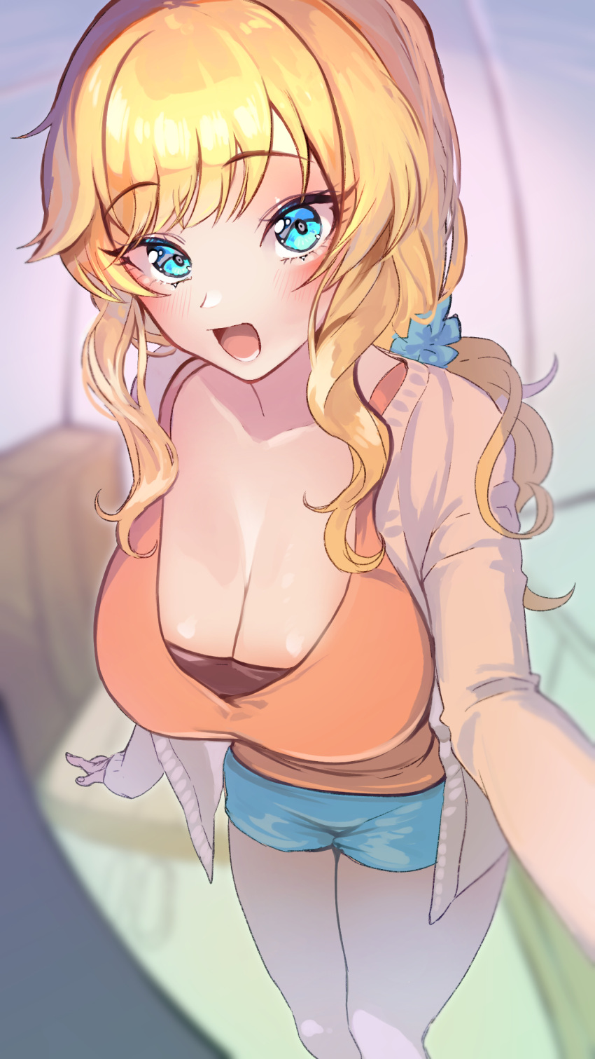 1girl bangs blonde_hair blue_eyes blue_scrunchie blue_shorts blurry blush breasts brown_jacket cleavage collarbone commentary_request eyebrows_visible_through_hair fisheye fujima_(k114) hair_ornament hair_scrunchie highres idolmaster idolmaster_cinderella_girls jacket large_breasts long_hair looking_at_viewer lower_teeth ootsuki_yui open_mouth orange_shirt ponytail scrunchie shiny shiny_hair shirt short_shorts shorts solo